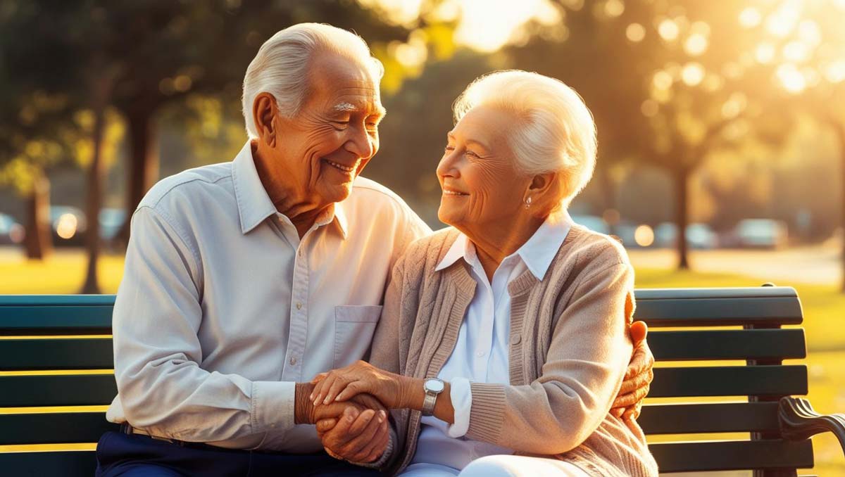 ouder koppel dat samen gelukkig op een bankje zit in de avondzon