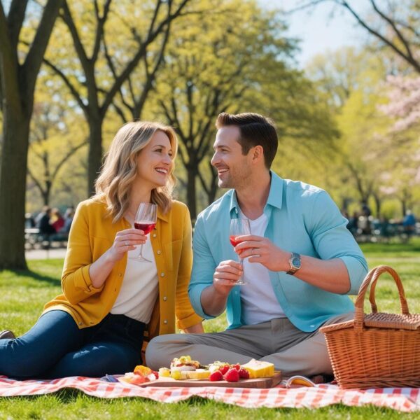 ouder koppel dat samen gelukkig op een bankje zit in de avondzon